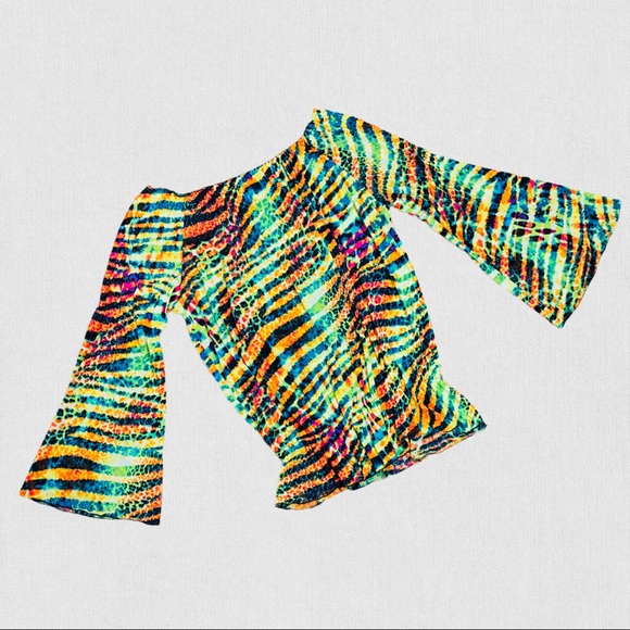 Mechant | Multicolor Lime Combo Animal Print Boat Neck Flare Bell Sleeve Blouse - Picture 5 of 8